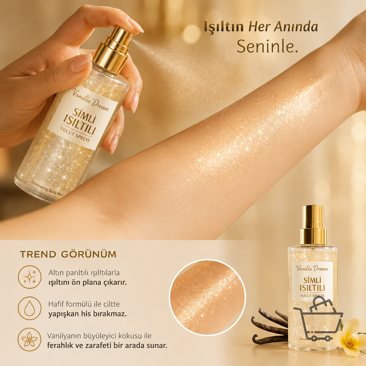 Vanilla Dream Simli Işıltılı Vücut Spreyi (Body Mist)