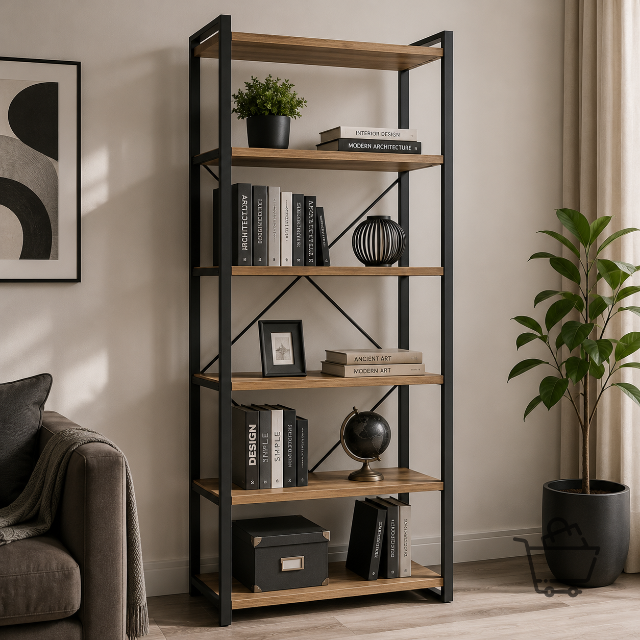 LoftLine 5 Raflı Metal İskeletli Kitaplık