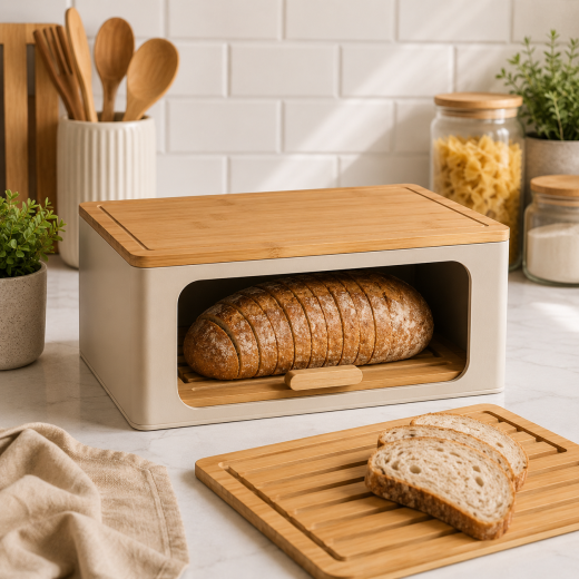 Natura Bambu Kapaklı Kesme Tahtalı Ekmek Kutusu
