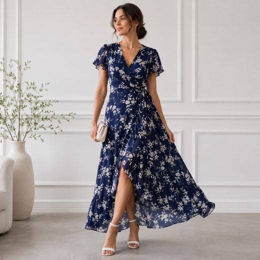 Graceful Floral Desenli Kruvaze Kadın Elbise