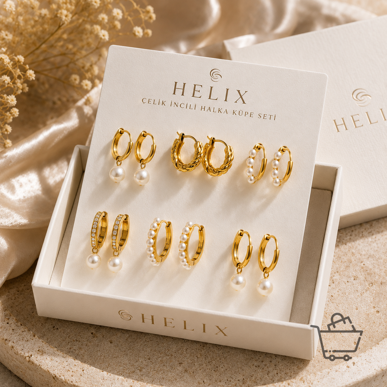 Helix Çelik İncili Halka Küpe Seti