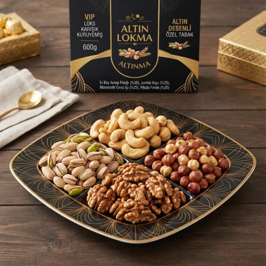 VIP Altın Desenli Siyah Tabakta Ekstra Lüks Kuruyemiş 600g