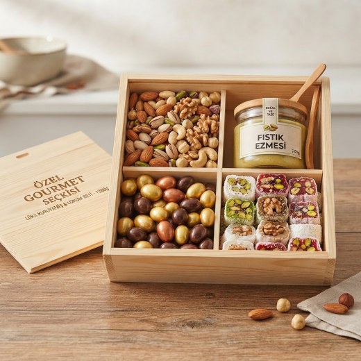 Sürgülü Ahşap Sandıkta Lüks Kuruyemiş & Lokum Seti 1200g