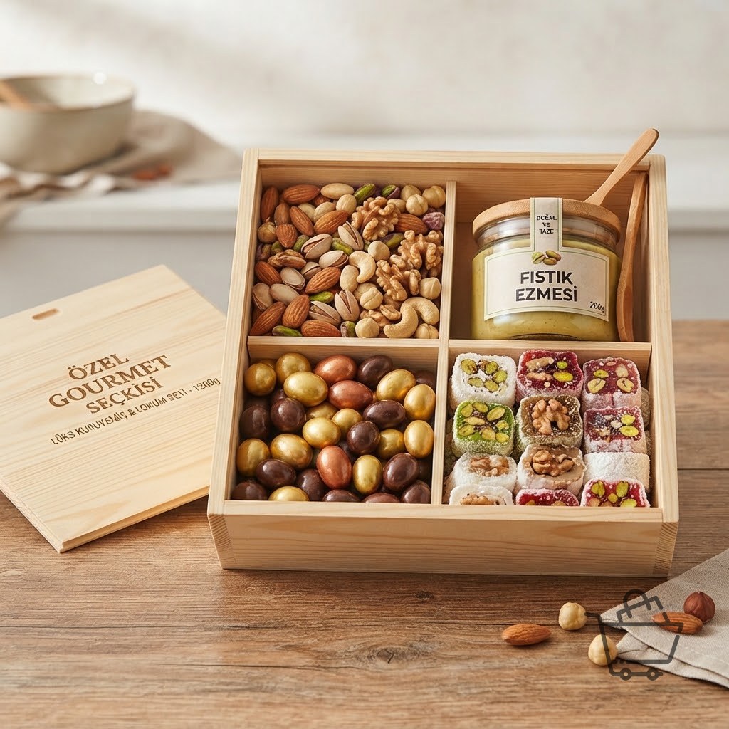 Sürgülü Ahşap Sandıkta Lüks Kuruyemiş & Lokum Seti 1200g
