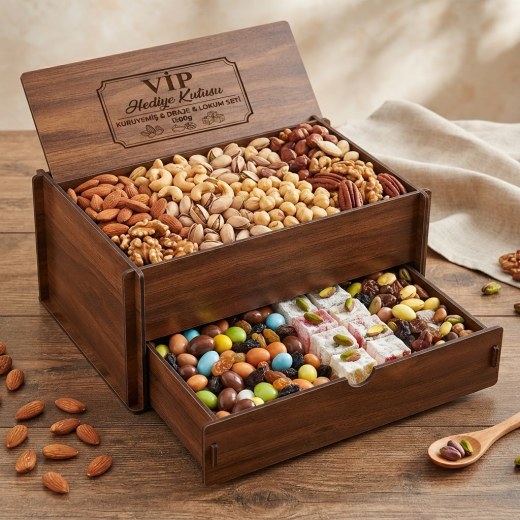 2 Katlı Çekmeceli Ahşap Kutu Kuruyemiş & Draje Seti 1500g