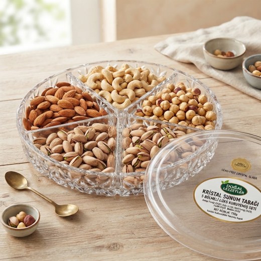 5 Bölmeli Lüks Kristal Sunum Tabağı Kuruyemiş Seti 750g