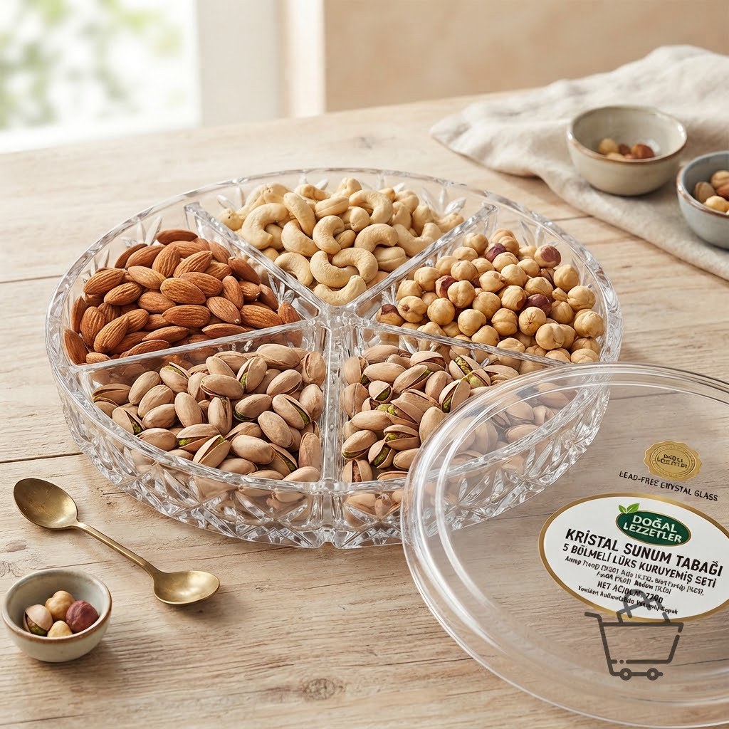 5 Bölmeli Lüks Kristal Sunum Tabağı Kuruyemiş Seti 750g