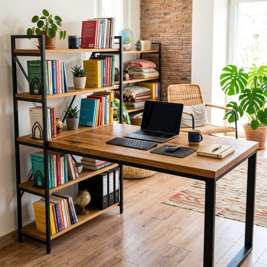 Loft Kitaplıklı Raflı Ahşap Çalışma Masası
