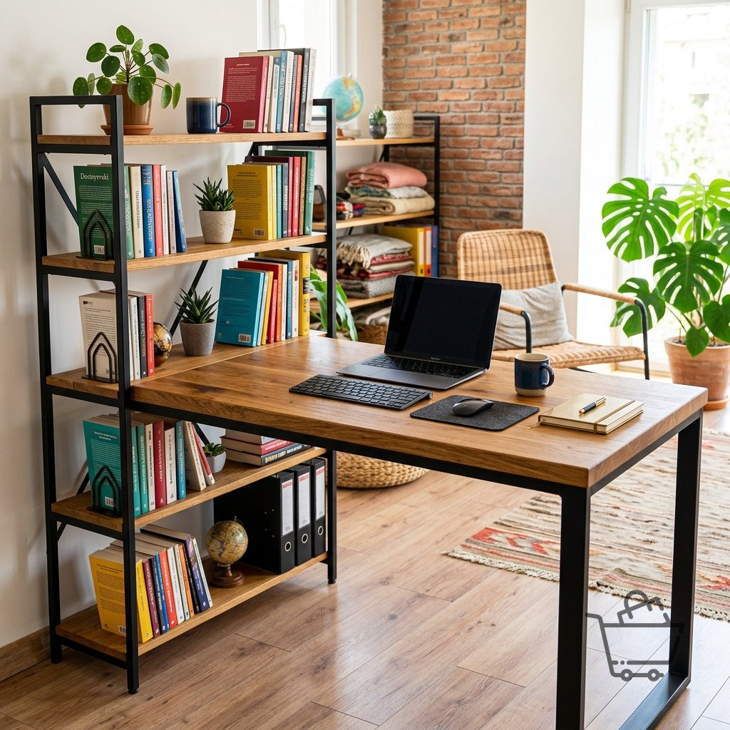 Loft Kitaplıklı Raflı Ahşap Çalışma Masası