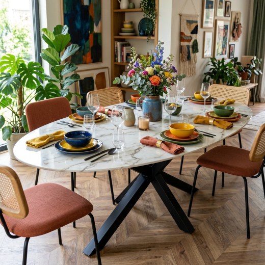 Calacatta Porselen Tablalı Oval Yemek Masası