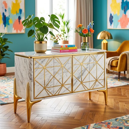 Luna Mermer Deseni & Gold Detaylı Konsol