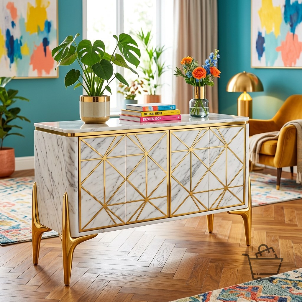Luna Mermer Deseni & Gold Detaylı Konsol