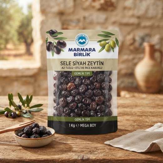 Marmara Birlik Sele Siyah Zeytin (1 Kg - Mega Boy)