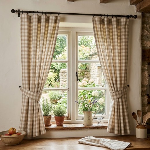 Linen Rustic Kitchen Curtain - Plaid / Gingham