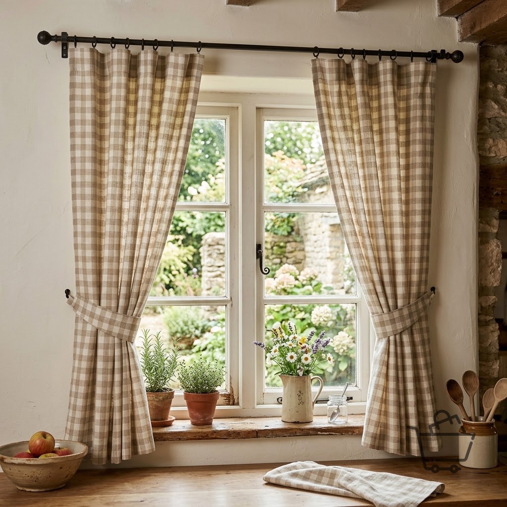 Linen Rustic Kitchen Curtain - Plaid / Gingham