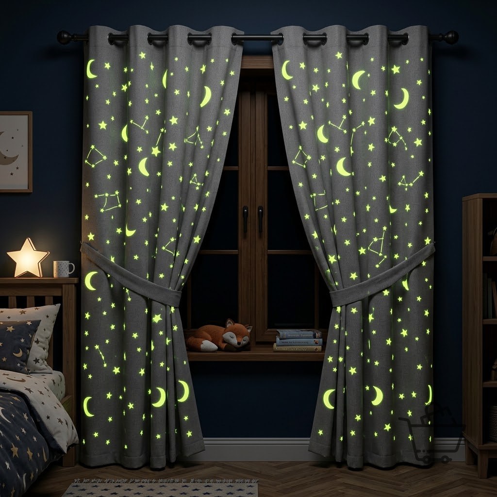 Glow in the Dark Stars Kids Curtain - Grey