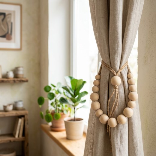 Wooden Bead Curtain Tieback - Natural Wood