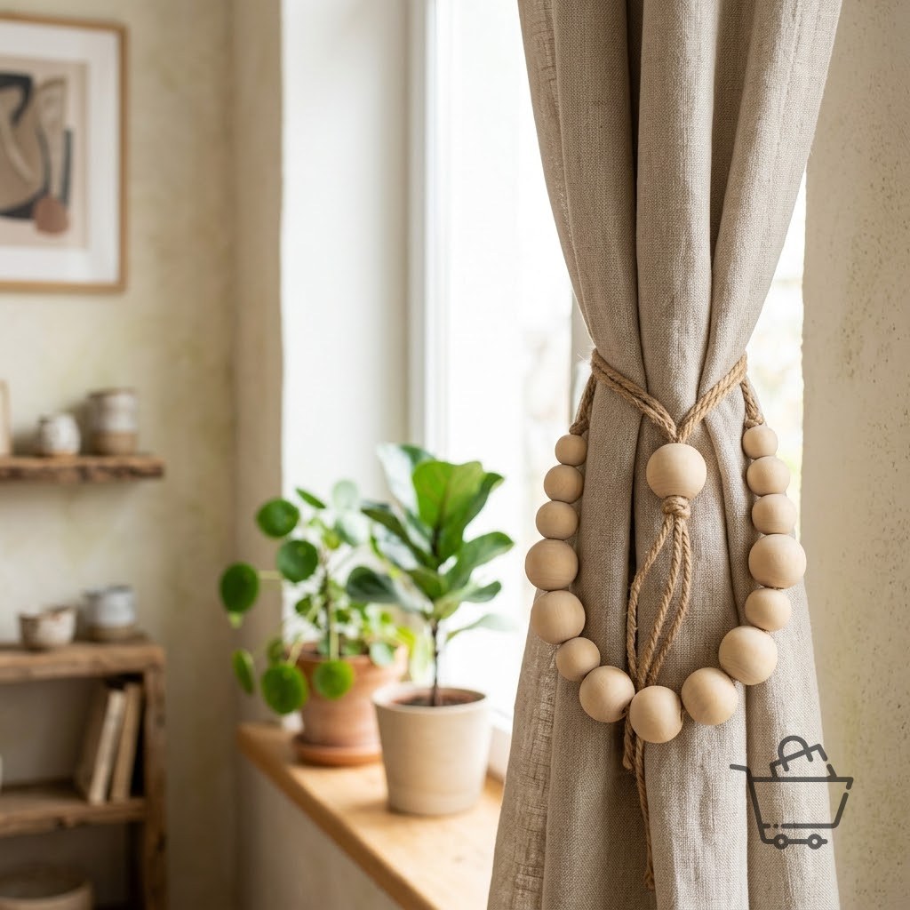 Wooden Bead Curtain Tieback - Natural Wood