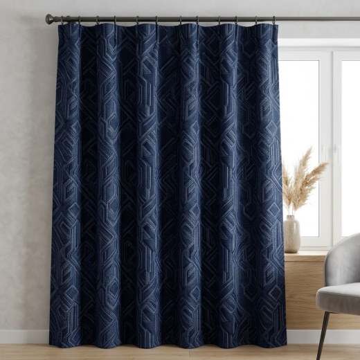 Geometric Pattern Woven Curtain - Navy Blue