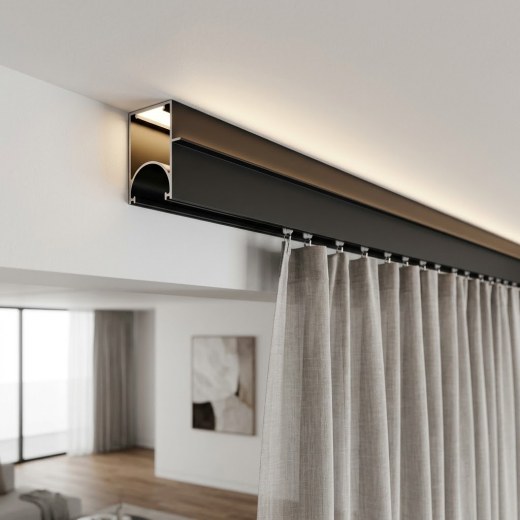 Recessed Aluminium Curtain Track with LED Channel - Black