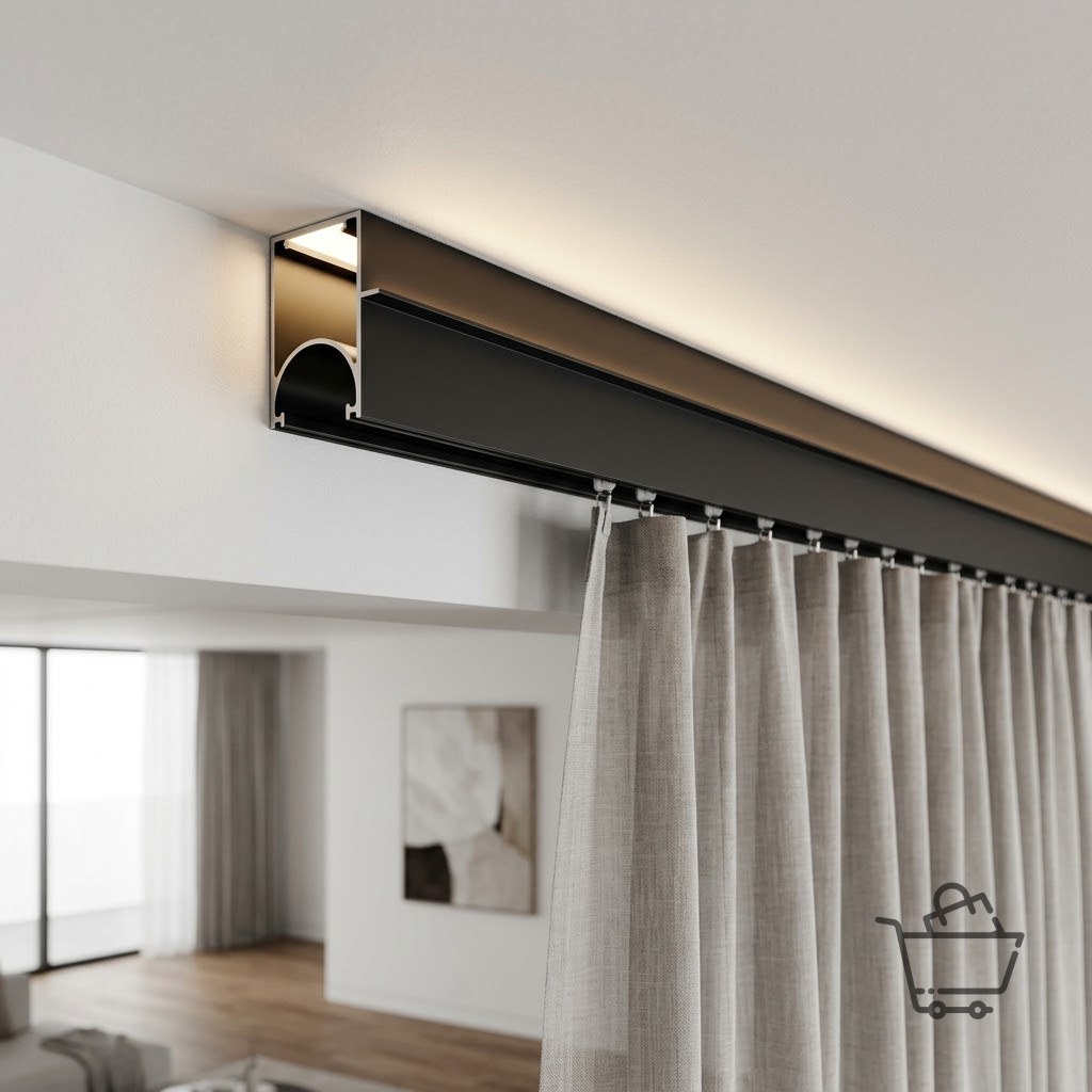 Recessed Aluminium Curtain Track with LED Channel - Black