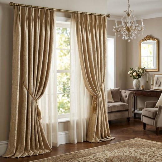 Silk Textured Jacquard Living Room Curtain - Champagne