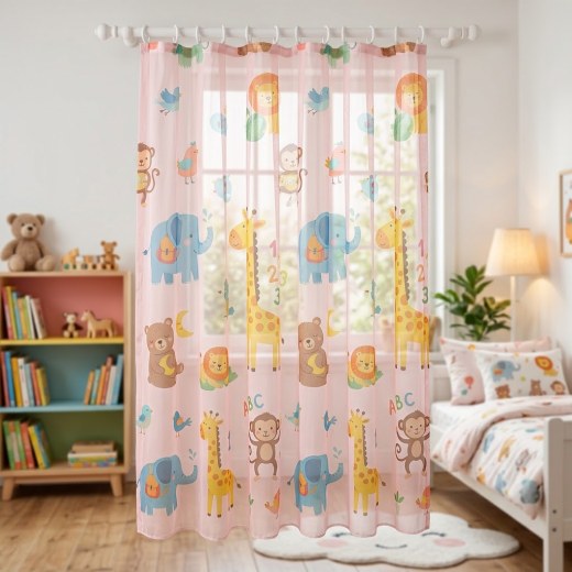 Cute Animals Printed Kids Voile Curtain - Powder Pink