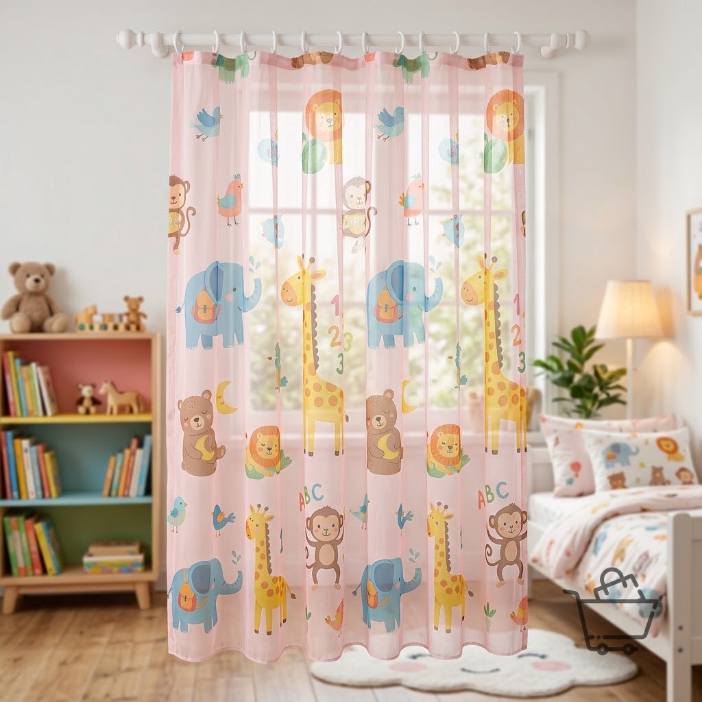 Cute Animals Printed Kids Voile Curtain - Powder Pink