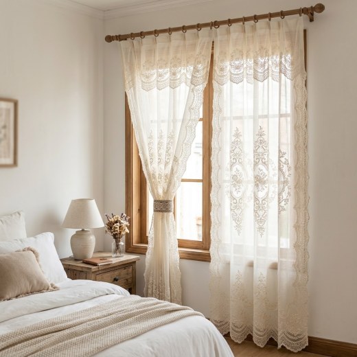 Romantic Lace Embroidered Voile Curtain - Cream