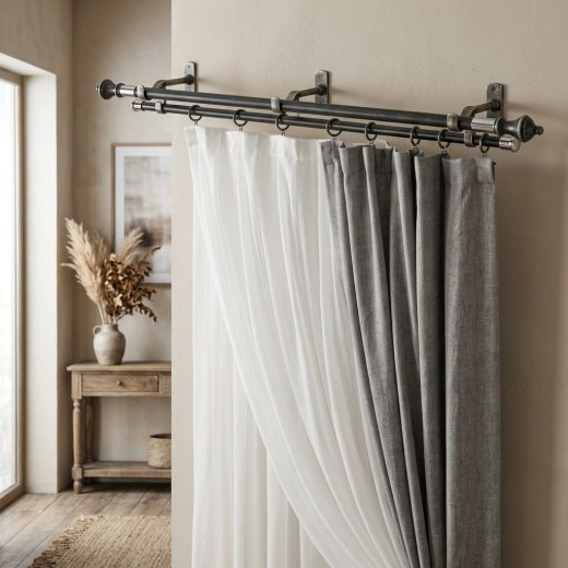 Double Metal Curtain Rod Set - Antique Chrome