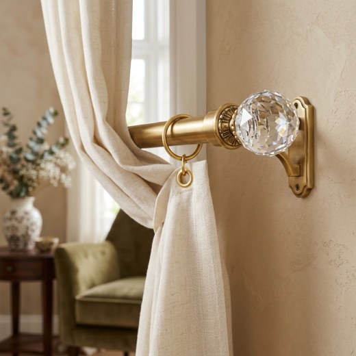 Brass Metal Curtain Rod with Crystal Finials - Gold
