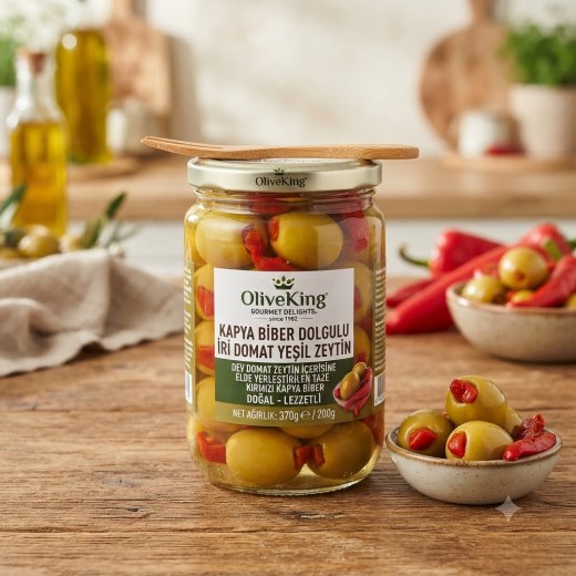 OliveKing Kapya Biber Dolgulu İri Domat Yeşil Zeytin