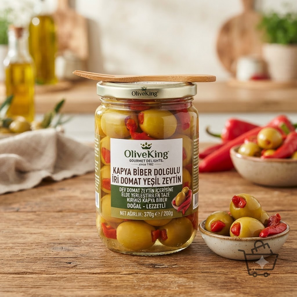 OliveKing Kapya Biber Dolgulu İri Domat Yeşil Zeytin
