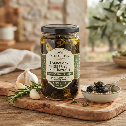 BellaOliva Sarımsaklı ve Biberiyeli Zeytinyağlı Marine Siyah Zeytin