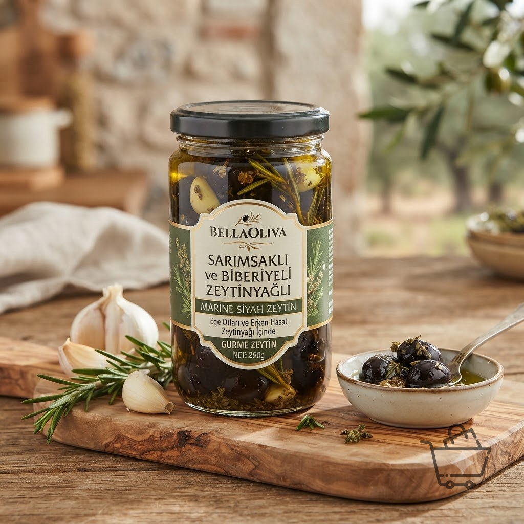 BellaOliva Sarımsaklı ve Biberiyeli Zeytinyağlı Marine Siyah Zeytin