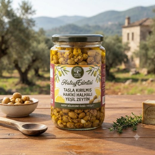 HatayEsintisi Taşla Kırılmış Hakiki Halhalı Yeşil Zeytin